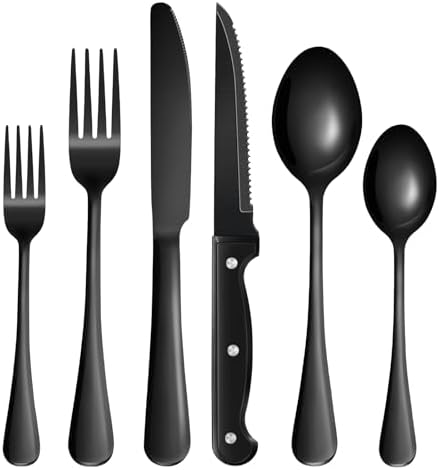 24-Piece Black Silverware Set with Steak Knives Black Stainless Steel