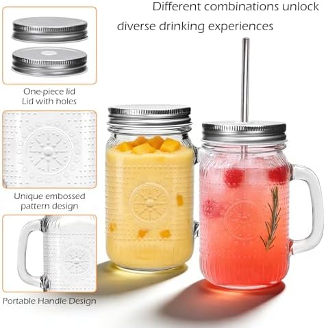 Mason Jar Cups with Handle 16 oz, Vintage Glass Cups with Lids and