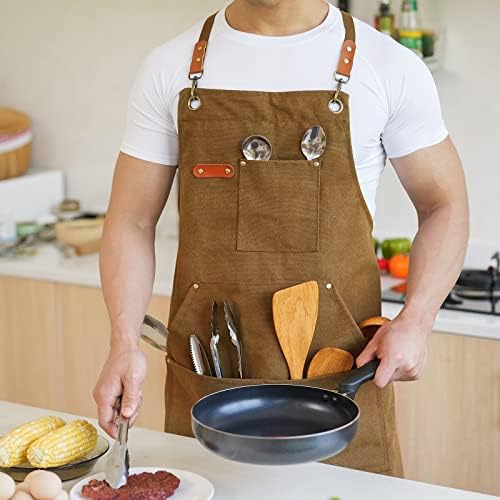 Aoomzoon Canvas Aprons for Men Women, Heavy Duty BBQ Apron with