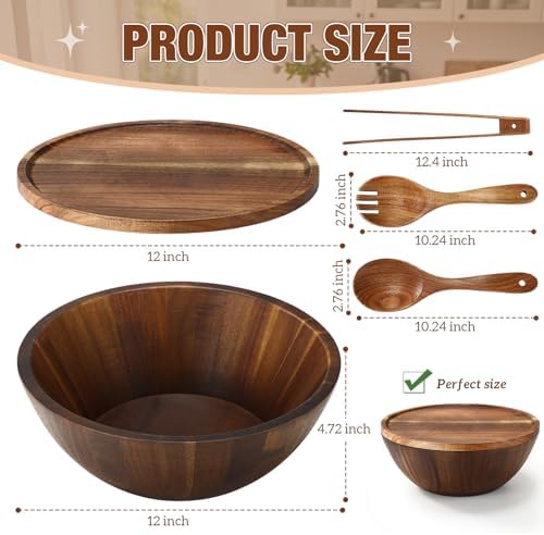 Domensi Large 12"x4.72" Acacia Wood Salad Bowls with Lid, 3 Serving