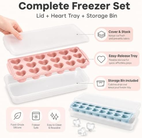 2 Pack Heart Shpaed Ice Cube Trays with Lids and Bins Ice Molds with