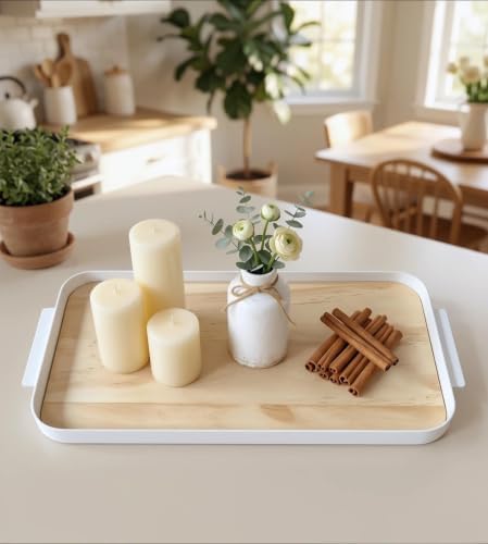 Wooden Tray with Iron Frame & Handles, 14 * 6.5 * 1.3 in Light Yellow