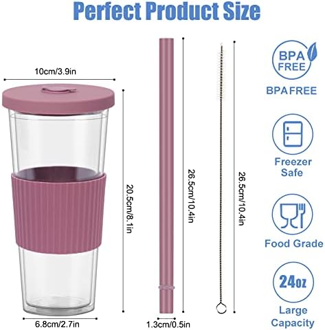 2 Pack Reusable Boba Tea Cups, 24oz Iced Coffee Cup with Straw and
