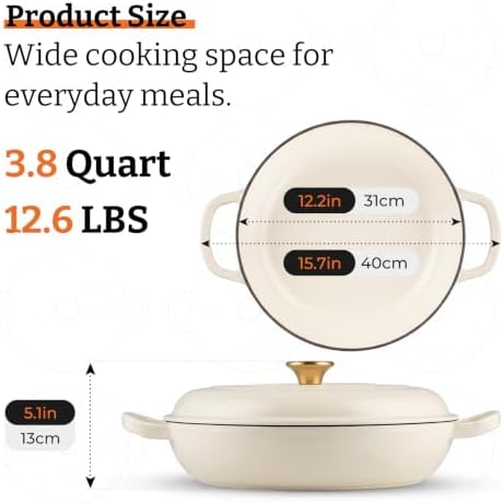 Parmedu Cast Iron Dutch Oven, 3.8 Quart, White, Shallow Braiser & Casserole