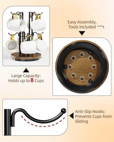 8-Hook 360° Rotating Large Coffee Mug Tree for Counter, Wood Base