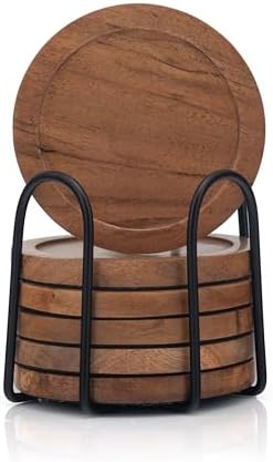 Acacia Wood Round Coasters Set of 6 with Holder – Absorbent Drink