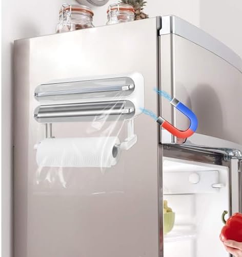 AUSTUFF 3 in 1 Plastic Wrap Dispenser with Cutter Magnetic Aluminum Foil