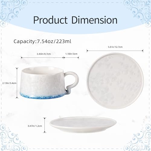 KAMMAK Tea Cups and Saucers Set of 2, 7.5 oz Glaze Coffee Mugs, 726N