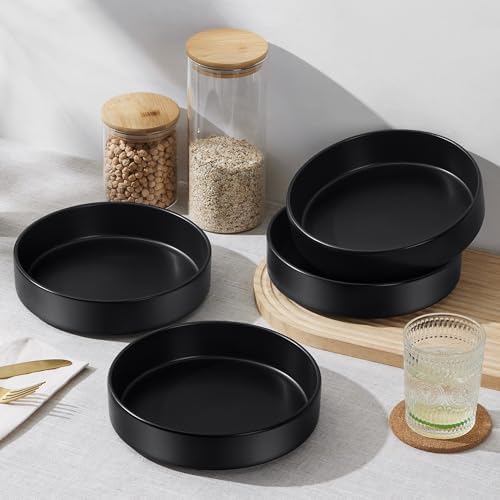 E-far Pasta Bowls Set of 4-35oz Shallow Ceramic Bowl Plates, Black