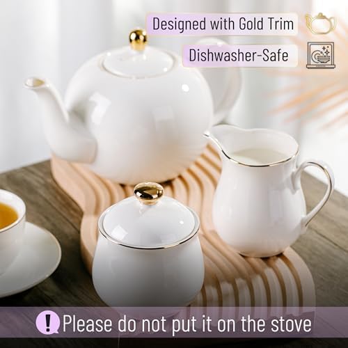 BTaT- Porcelain Creamer and Sugar and Teapot Set, White Cream and