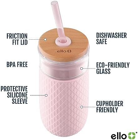 Ello Devon 18oz Glass Tumbler with Straw & Bamboo Lid for Iced Coffee