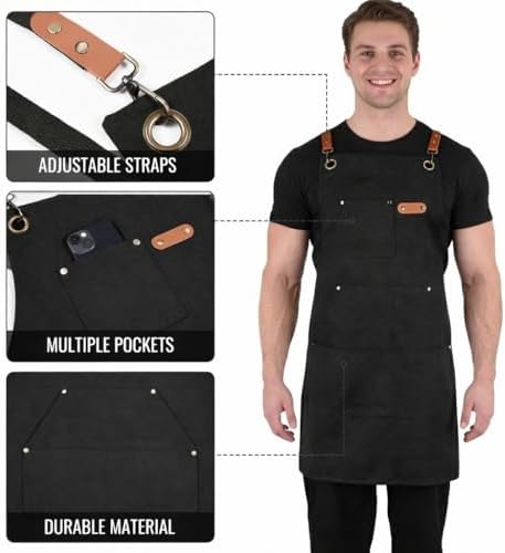 Canvas Chef Apron for Men and Women, Cotton, Cross-Back, 5 Pockets
