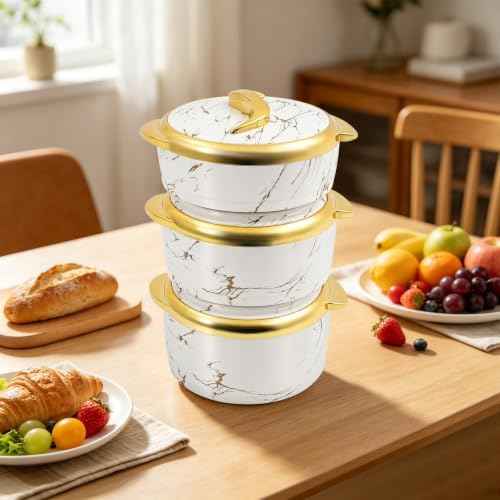 3 Piece Thermal Serving Bowl Set, Insulated Stainless Steel, Lids, Hot Cold