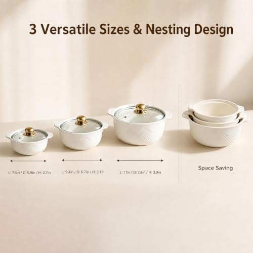 3-Pack Ceramic Casserole Dishes with Glass Lids, 1.8/2.5/3.8 Quart