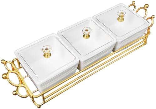 YA JU Ceramic Bowls and with Lid Gold Basket Trays, 3 Removable Small