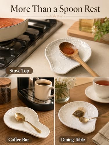 Ceramic Spoon Rest for Kitchen Counter, 5.7" Floral Butterfly Embossed