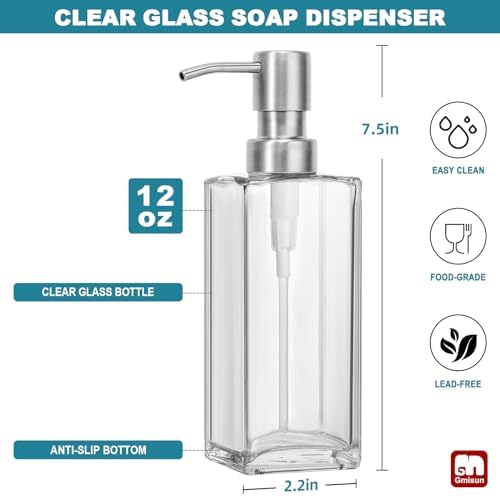 GMISUN Glass Soap Dispenser with Stainless Steel Pump, Clear Hand Soap