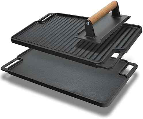 Cast Iron Griddle/Grill Reversible Combo Set + Protective Mitts, Grill Press & Scraper- Pre-seasoned Indoor & Outdoor gas Stove Griddle- Stovetop, Camping or Home Cooking Non-Stick Griddle Pan