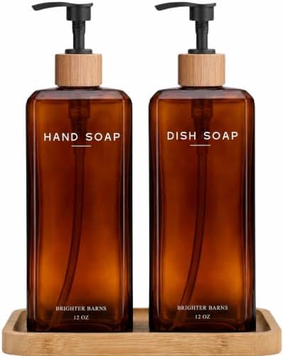 Amber Glass Hand and Dish Soap Dispenser Set by Brighter Barns - 12oz