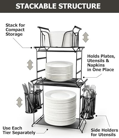 HULISEN 3-Tier Buffet Caddy, 7-Piece Paper Plate & Utensil Holder for