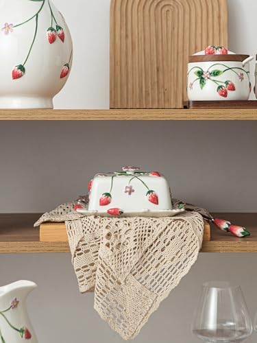 Cottage Strawberry Butter Dish w/ Lid & Knife, Artisanal Handmade