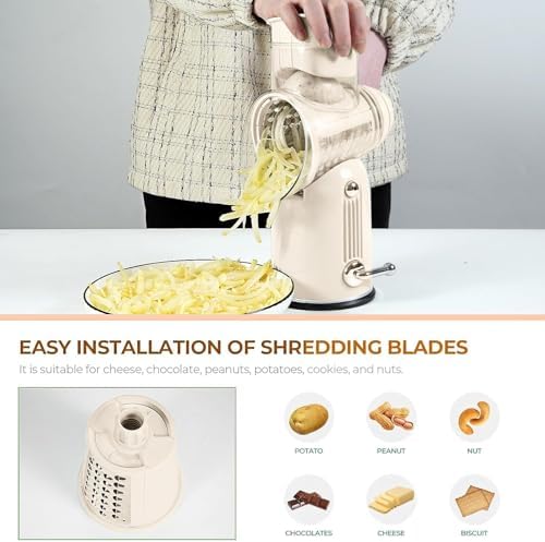 Rotary Cheese Grater with Handle, 5 Interchangeable Blades, White