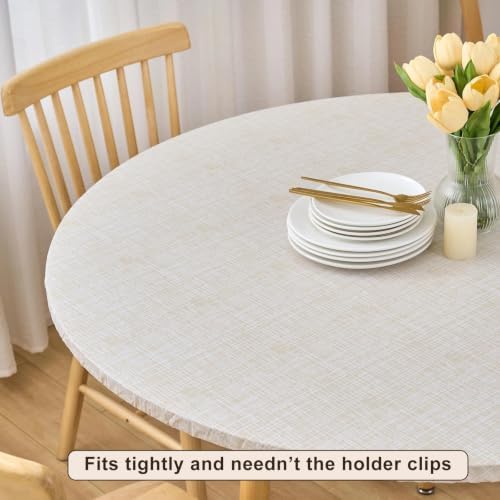LIBERECOO Round Vinyl Fitted Tablecloth with Flannel Backing Elastic