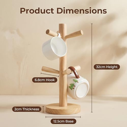 Happyupcity Wooden Mug Holder Tree Mug Rack with 6 Hooks Coffee Cup