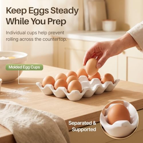 Flexzion Ceramic Egg Holder for Fridge, 12-Cup