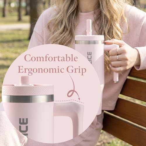 30 oz Pink Insulated Coffee Tumbler with Handle and Flip Straw 100%
