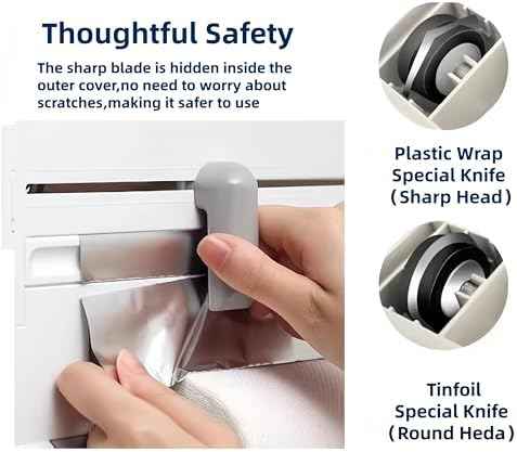 6-in-1 Wall Mounted Plastic Wrap&Foil Dispenser with Cutter–PP Kitchen Organizer w/Paper Towel, Tape, Bag&Small Tray, No Drill/Screw Mount White-Aluminum Foil Rack Organizer&Organizer Foil Cling Wrap