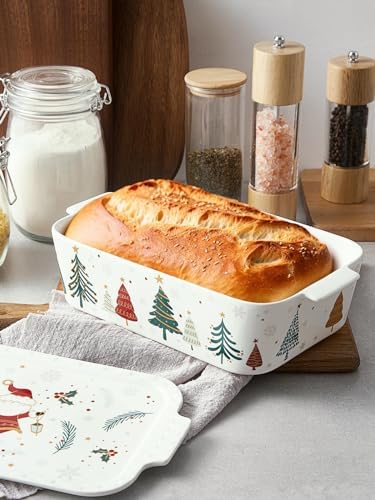 Samsle Ceramic Baking Dish with Lid, 76 oz Casserole Pan, White