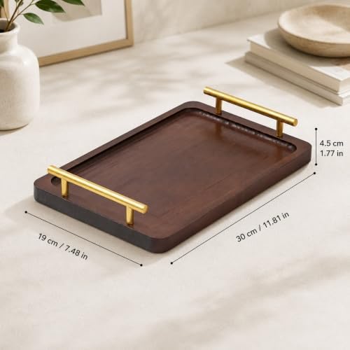 LUOZZY Rectangular Bamboo Serving Tray with Metal Handles A