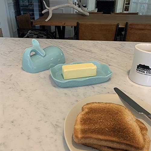 Fox Run Ceramic Whale Butter Dish with Lid, 7", Aqua Blue Cute Butter
