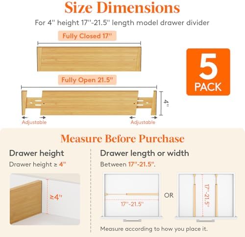 Lifewit 4" High Dresser Drawer Dividers, Adjustable Bamboo Drawer