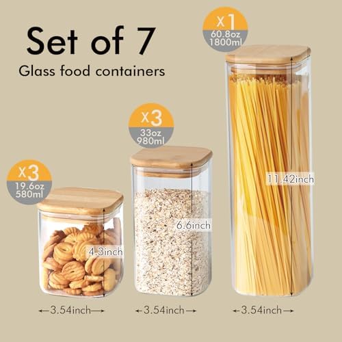 7 Pack Square Glass Storage Containers with Lids, Multi-Size Canisters