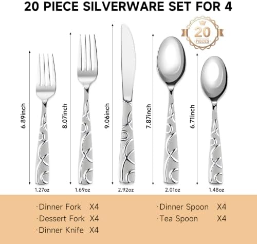 Silverware Set for 4, 20 Piece Stainless Steel Flatware Cutlery Set