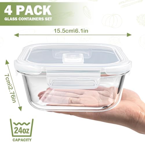 Square Glass Containers with Lids, 3 Cup, 4-Pack