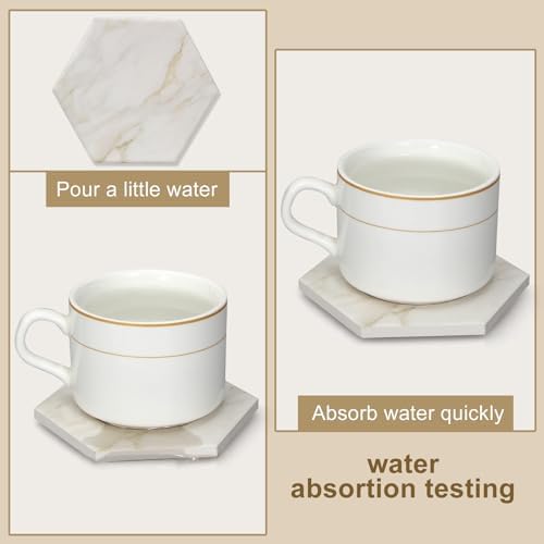 6 Pcs White Marble Coasters Set with Holder Hexagon Ceramic Drink