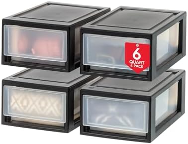 IRIS USA 4-Pack, 6 Qt. Stacking Drawer Storage Organizer, Black