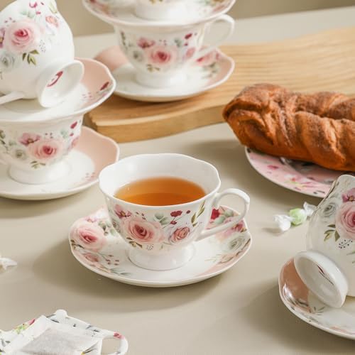 6oz Floral Porcelain Tea Cup & Saucer Set of 6, Pink Rose, Party