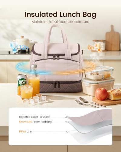 LOVEVOOK Insulated Lunch Bag Women, Double Deck Lunch Box with Cup