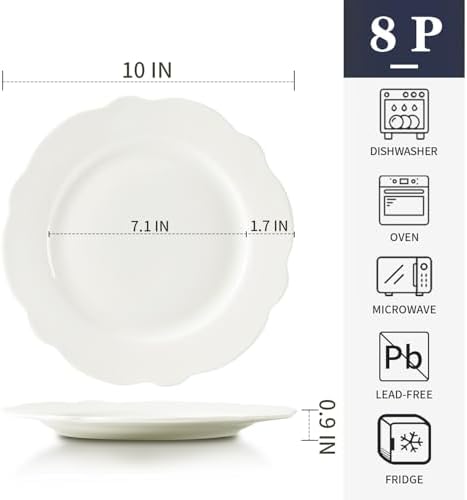 10.5” White Porcelain Large Dinner Plates Leave Wave Rim Set of 8