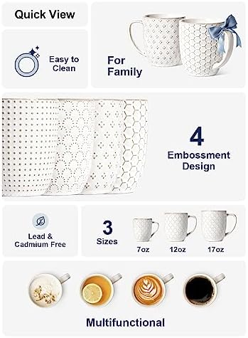 LE TAUCI Ceramic Coffee Mugs Set of 4, 16 oz, Embossed, Arctic White