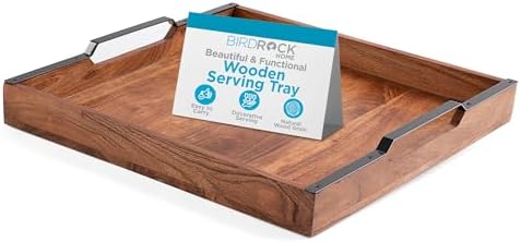 Acacia Wood Serving Tray with Handles - 16 Inch Square Large Serving