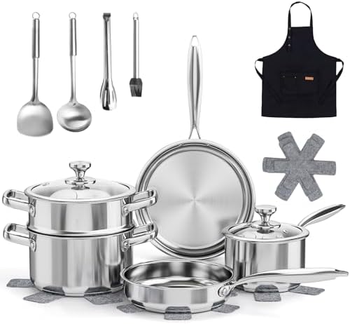 Meythway Pots and Pans Set Non Toxic, 16PCs Stainless Steel Cookware