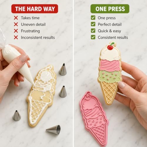 Triple Scoop Ice Cream Cone Cookie Cutter and Embosser Stamp Set - 3D