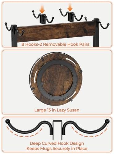 Large Corner Coffee Mug Holder with 13" Rotating Lazy Susan, Mug