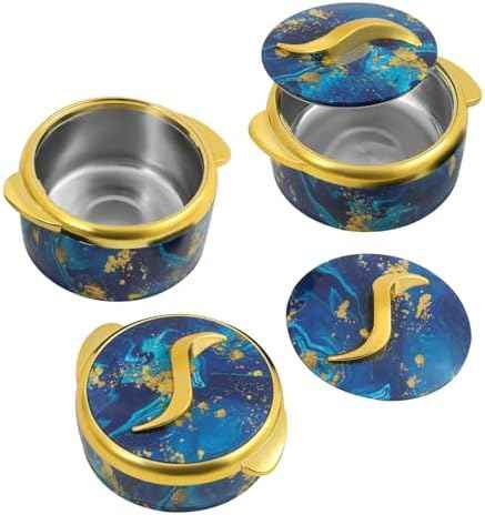 3 Piece Thermal Dish Set, Stainless Steel Insulated Containers with Lids for Hot & Cold Food, Serving Bowl for Lunch, Picnics, Parties, Meal Prep (1.6/2.12/2.64 Qt) (Blue)
