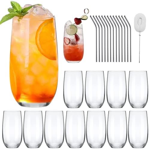 QAPPDA Drinking Glasses Set of 12, 16 oz Highball Glasses with Straws